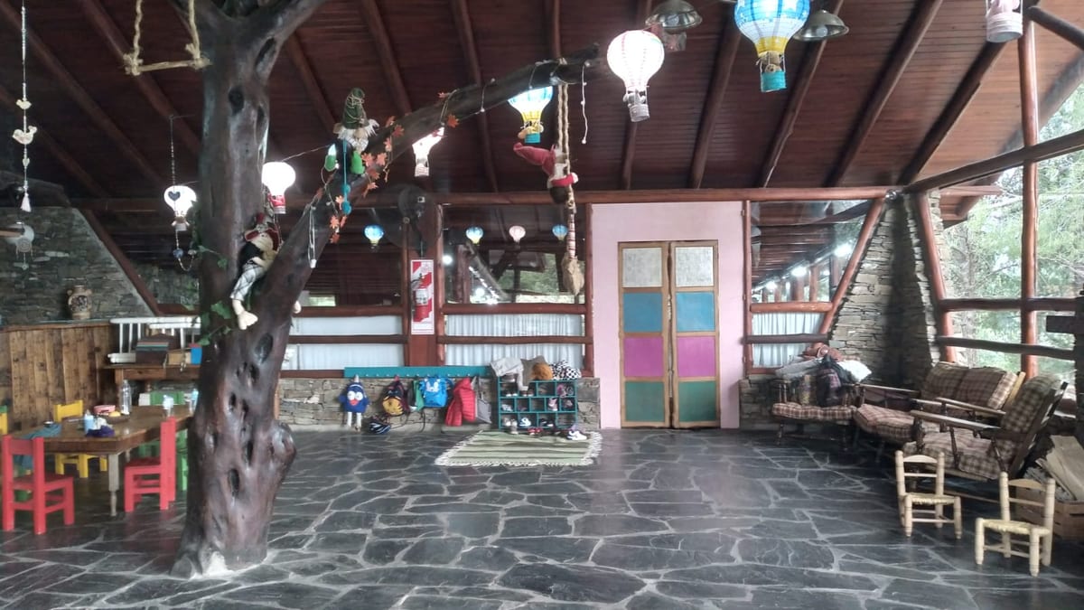SUM con techo de madera, árbol central y globos aerostáticos colgantes